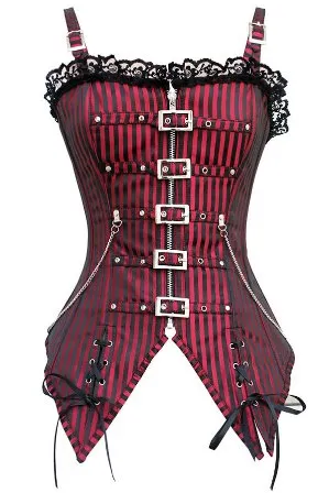 Long black and white satin corset with black lace trim. Gothic