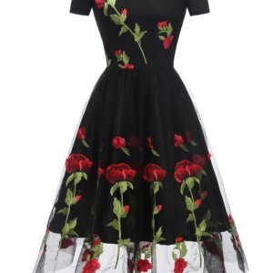 retro black off shoulder vintage dress embroidered red roses