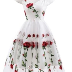 White vintage dress embroidered red roses