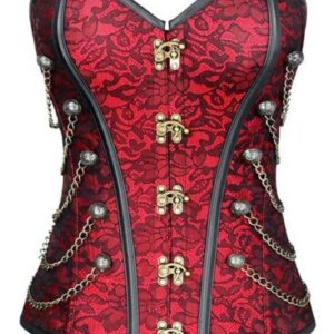 Red brocade steampunk corset with chains