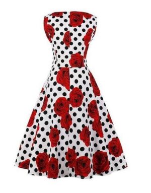 Floral Rose & Polka Dot Retro Vintage Dress - Standard & Plus Size ...