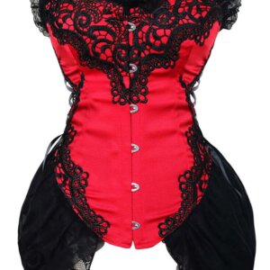 Red Black Gothic Burlesque Corset Floral Embroidered Lace Trim & Side Skirts