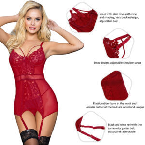 Red Lace Bodysuit Teddy Lingerie With Garters - Leopard & Lace