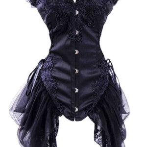 Black Gothic Burlesque Corset Floral Embroidered Lace Trim & Side Skirts