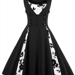 Black With Floral Inserts Vintage Retro Swing Dress