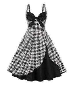 Black White Houndstooth Retro A Line Dress -Rockabilly Yellow Cherry Cardigan