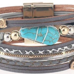 Turquoise Stone Grey Boho Cuff Bracelet