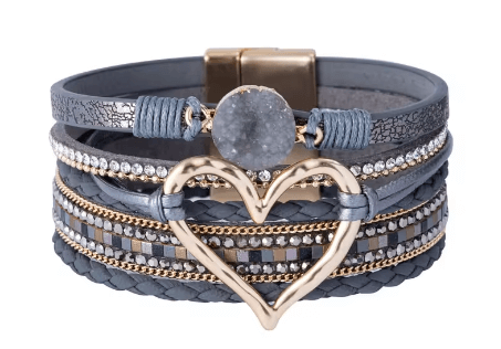 Grey Boho Heart Magnetic Cuff Bracelet