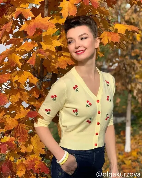 Yellow crop cardigan with cherries