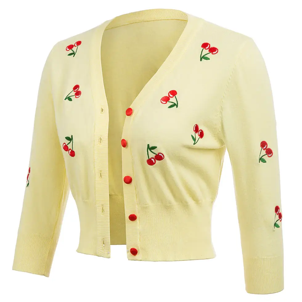 Yellow crop cardigan with cherries